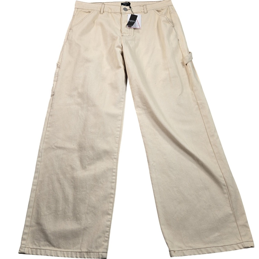 BoohooMAN Pants Mens 36 37x32 Beige Carpenter Wide Leg Denim Workwear Casual